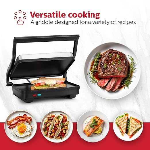 Holstein Housewares Electric Griddle for Toasting Sandwiches, Various Snacks - Black/Stainless Steel (260 x 170mm)