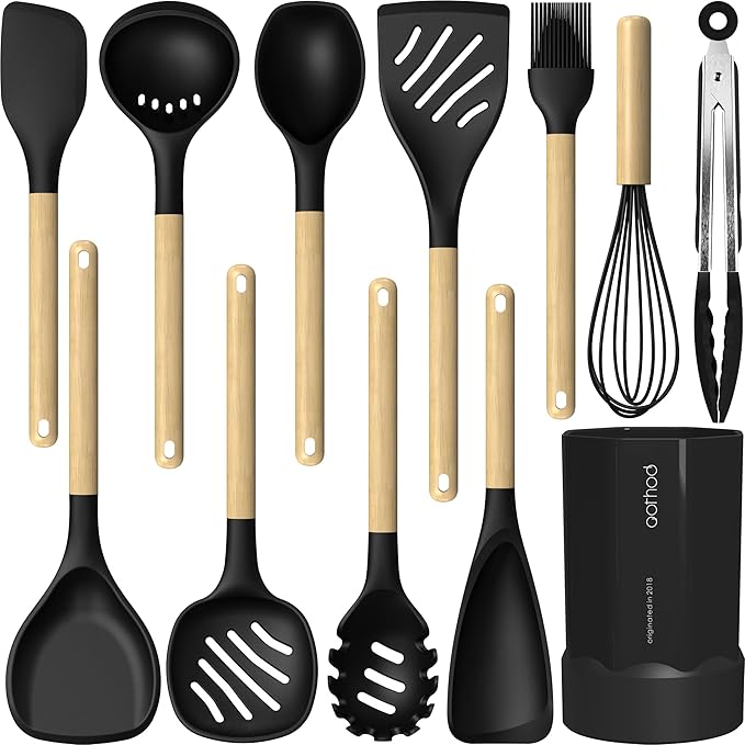 Silicone Cooking Utensils Set, 446°F Heat Resistant Silicone Kitchen Utensils for Nonstick Cookware, Kitchen Gadgets Spatula Set, Spoon, Turner, Tongs, Ladle, Whisk, BPA FREE (Black)