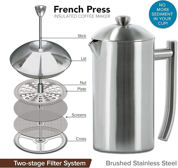 Frieling Double-Wall Stainless Steel Coffee Press - 17 oz - Insulated French Press Coffee Maker for Camping & Travel - Non Plastic Design