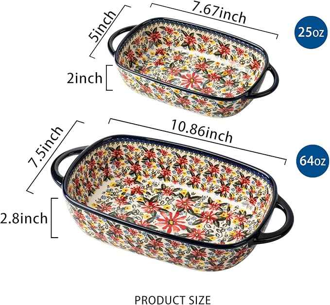 Baking Dish Ceramic Baking Pan Blue Casserole Dish Rectangular Baking Set 2pcs Bakeware Sets Single Serving Size Lasagna Pan Baking Dishes for oven (Exotic Daisy)