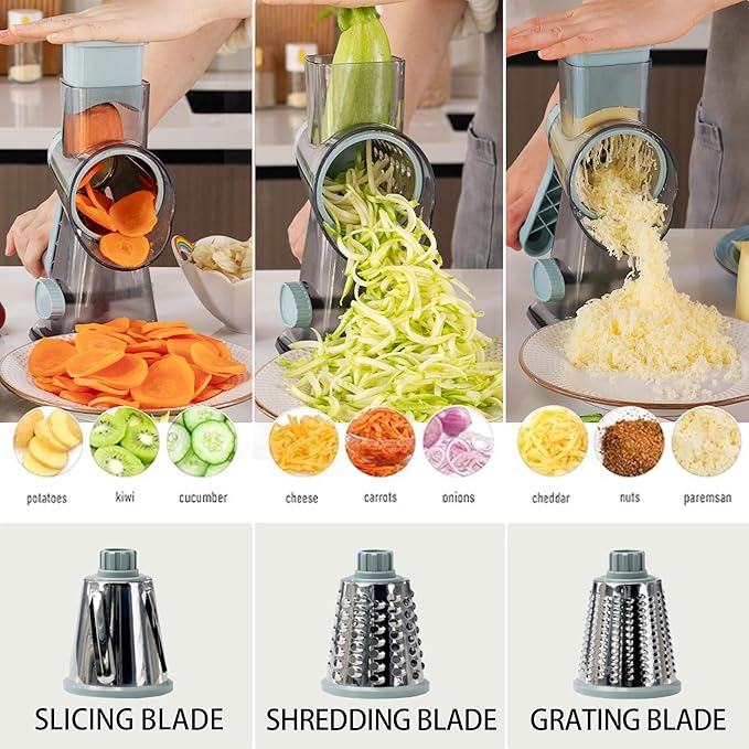 Cheese Grater Hand Crank Rotary Vegetables Shredder with Handle, 3-in-1 Graters with Interchangeable Blades and Strong Suction Base Multifunctional Slicer for Kitchen