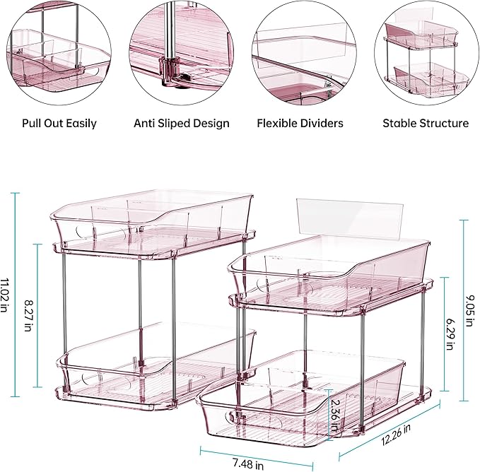 Delamu 2-Tier Under Sink Organizers and Storage, Multi-Purpose Stackable Bathroom Cabinet organizers, Pull Out Kitchen Pantry Organization and Storage with Dividers(2 Pack, Pink)