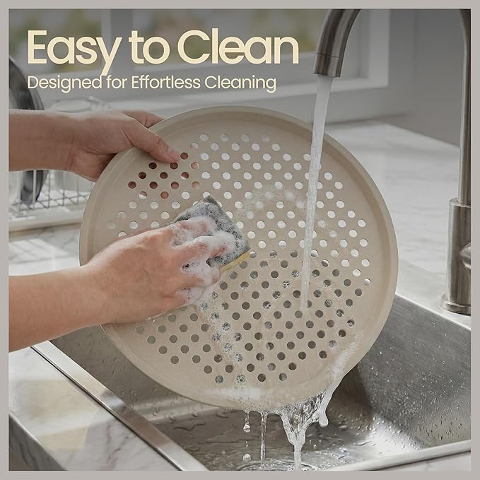 Bakken Pizza Baking Pan - Round Perforated Carbon Steel Pan with Non-Stick Marble Coating, Oversized Silicone Handle, Dishwasher Safe, High-Temperature Resistant, Durable & Easy Cleanup White, 2 Pack