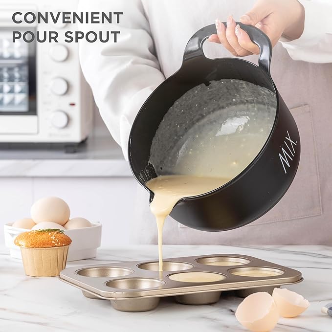 Rae Dunn Non-Slip Mixing Bowls - 4 Piece Nesting Plastic Mixing Bowl Set with Pour Spouts and Handles-Measurement Markings (Black)