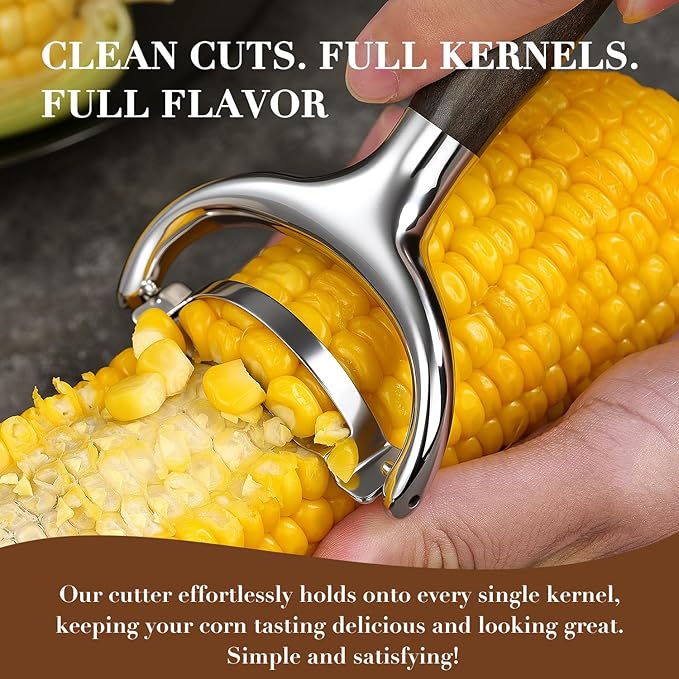 KULUNER Durable Stainless Steel Corn Peeler with Polished Wood Handle Corn on the Cob Stripper Kernel Remover Easy Use Corn Kernel Cutter Kitchen Gadget（Chacate Preto）