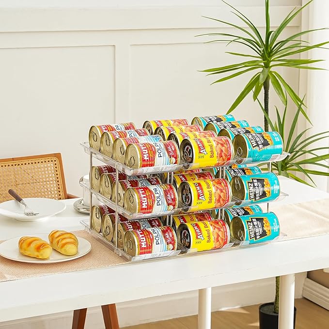 Amllas Can Organizer for Pantry, Stacking Can Storage Organizer Pantry, Automatic Rolling Can Rack for Fridge, 2Tire 3 Columns Can Holder for 24 Cans, Canned Goods Organizer