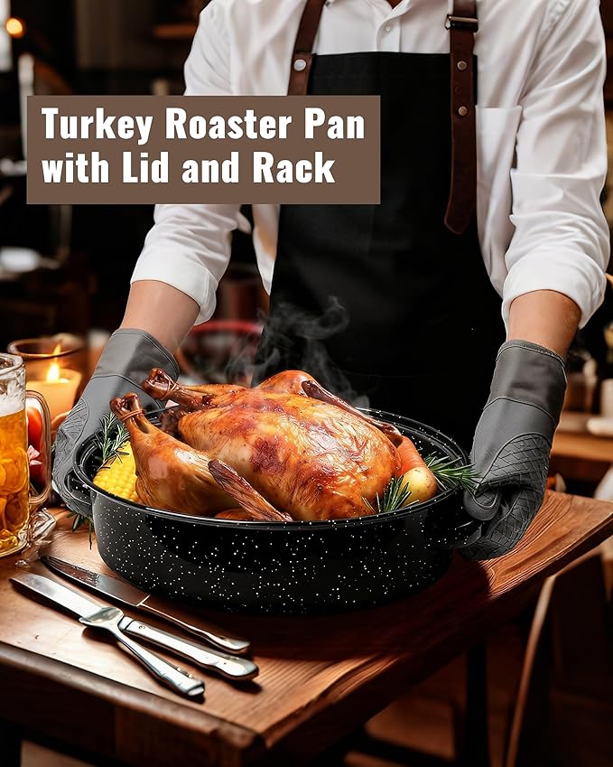 Roasting Pan with Lid & Rack 18 Inch Extra Large Deep Oven Baking Pot, Enamel Granite Non-Stick Oval Carbon Steel Pot for Turkey Chicken Ham Steak Non-Toxic for Mother Day Gift Roaster Pan