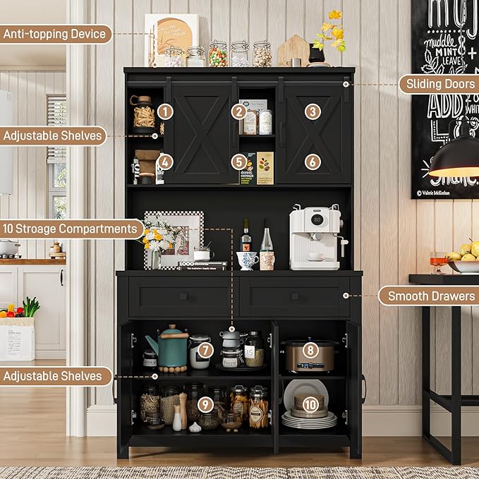 67.7 Inch Farmhouse Pantry Storage Cabinet with Sliding Barn Doors, 2 Drawer Farmhouse Coffee Cabinet with Adjustable Shelf, Side Board with Buffet Cupboard for Livingroom Kitchen, Black