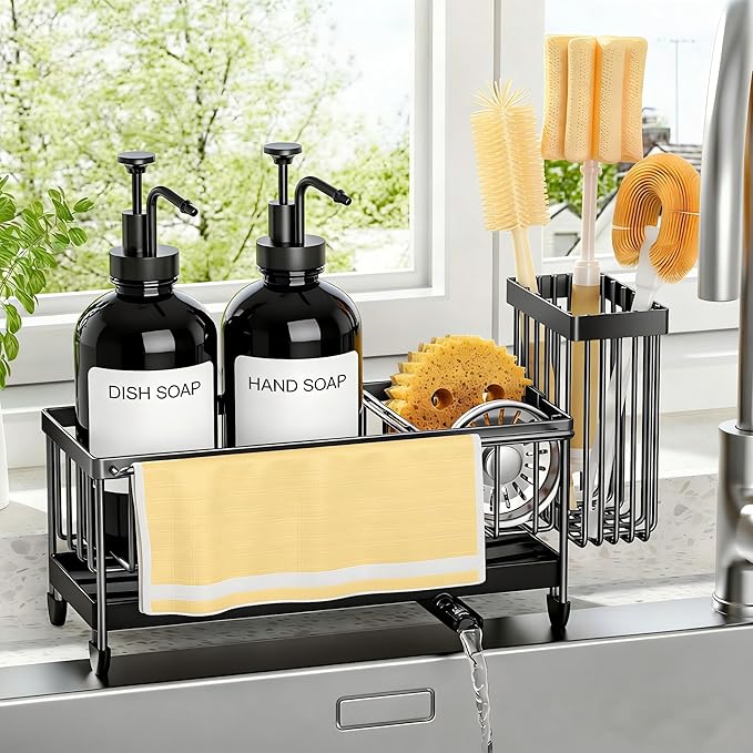Kitchen Soap Dispenser Set with Sponge Holder and Towel Rack, 17OZ Glass Bottle, Hand and Dish Soap Dispenser Set, Non-Slip Silicone Pad, Brush Holder, Kitchen Sink Caddy Organizer Countertop (Black)