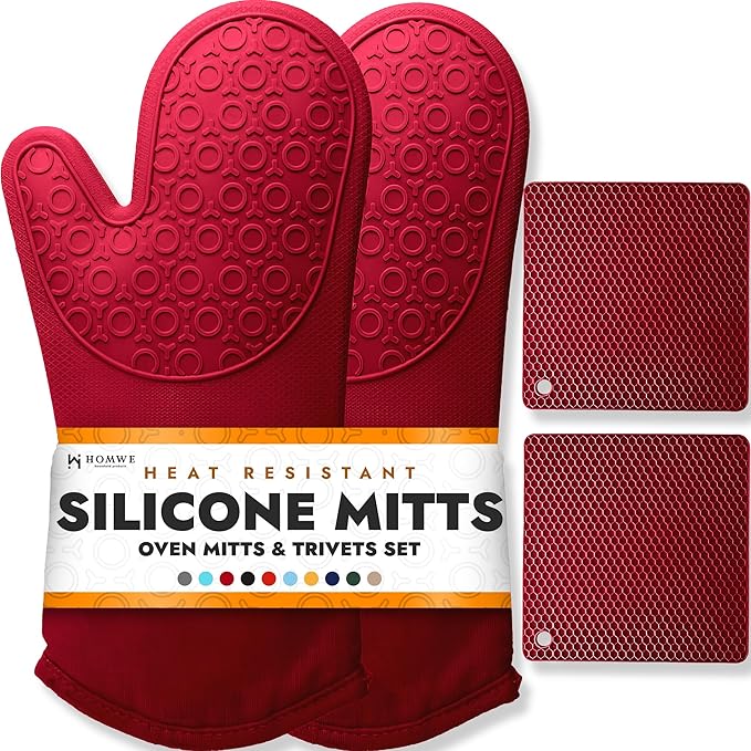 BPA-Free Soft Silicone 4 Piece Oven Mitts & Trivets Set - Ultra Heat Resistant Oven Mitts with Thick Cotton Liner - Long Slip Resistant Pot Holders, Flexible Oven Gloves - Empire Red