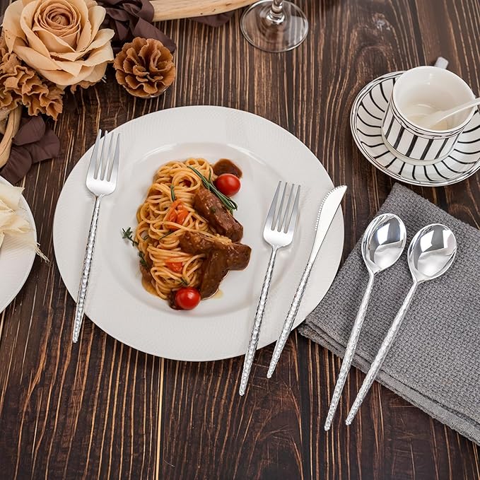 Rubtlamp 90Pcs Silver Plastic Silverware, Hammered Thanksgiving Disposable Silverware,Silver Plastic Forks And Spoons, Fancy Plastic Cultery Include 30 Forks, 30 Knives And 30 Spoons for Thanksgiving