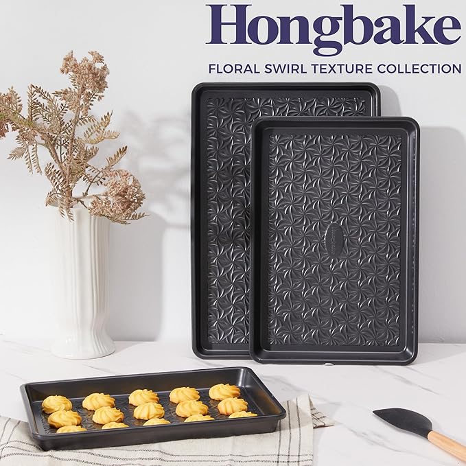 HONGBAKE Nonstick Baking Sheet Pan Set of 3, Cookie Sheets for Oven, Non-Toxic Half/Quarter/Jelly Roll Pans with Floral Swirl Texture, Heavy Duty 0.8mm Thick Oven Trays for Cooking, Dark Gray