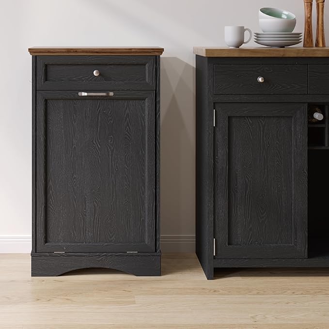 NEWOWNDS Tilt Out Trash Can Cabinet 10 Gallon Hidden Trash Garbage Can Cabinet with Drawer,Pet Proof Hidden Garbage for Kitchen,Laundry Bathroom (Black - with Feeding Bowls, Single Door)