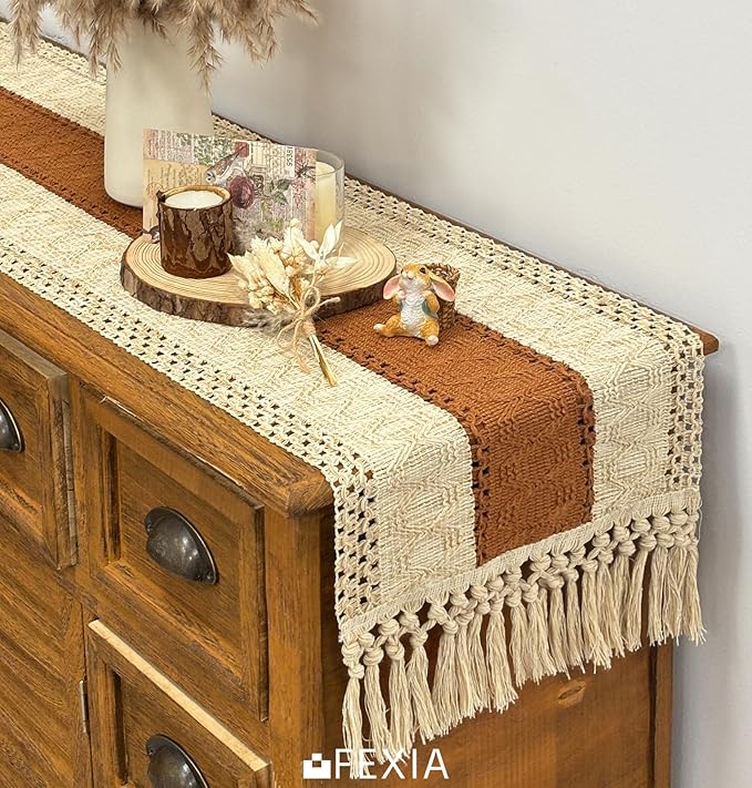 Fexia Table Runner 90 Inch Thanksgiving Decor with Tassels for Boho Macrame Farmhouse Style, Party Wedding Bridal Shower Decor, Brown (12x90 Inches)