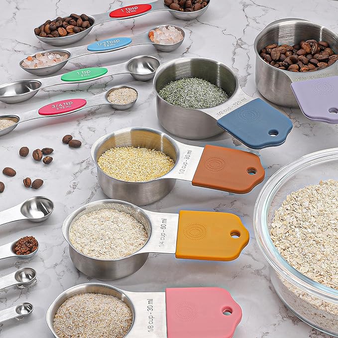 Magnetic Measuring Cups and Spoons Set of 16,Stainless Steel Magnetic Measuring Cups Set 7 and Magnetic Measuring Spoons Set of 8 with Leveler for Dry Liquid Ingredients (16, Colorful)