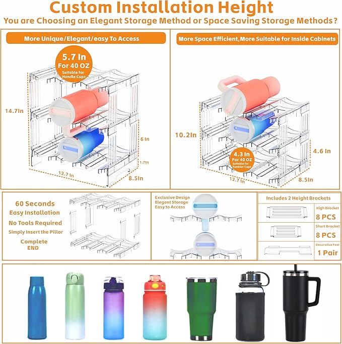 Yieach 3 Tier Stackable Water Bottle and Tumbler Organizer for Kitchen Cabinets,Large Waterbottle Holder and Cup Storage Organizer for 40 OZ Yeti,Owala or Stanley Cup Storage Rack With Handle Groove
