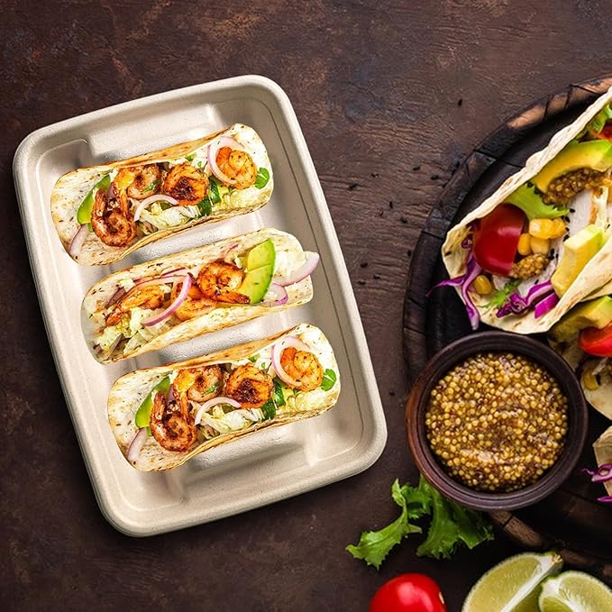 150PCS Disposable Taco Holder for Party，Disposable Taco Plates with 3 Dividers Disposable Taco Holders for Party, Taco Tray Holder, Pulp Fiber Plates Disposable for Taco Tuesday Lazy Susan Taco Bar
