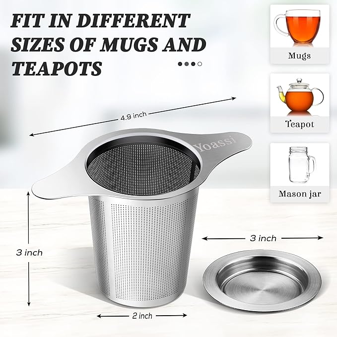 Extra Fine 18/8 Stainless Steel Tea Infuser Mesh Strainer with Large Capacity & Perfect Size Double Handles for Hanging on Teapots, Mugs, Cups to Steep Loose Leaf Tea and Coffee
