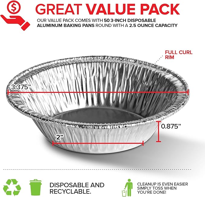 Stock Your Home 3 Inch Aluminum Foil Pie Pans (50 Count) Disposable & Recyclable Mini Pie Pans, Small Pie Tin for Baking, Cafes, and Restaurants, Durable Individual Pie Pan for Fruit Tarts, Quiche