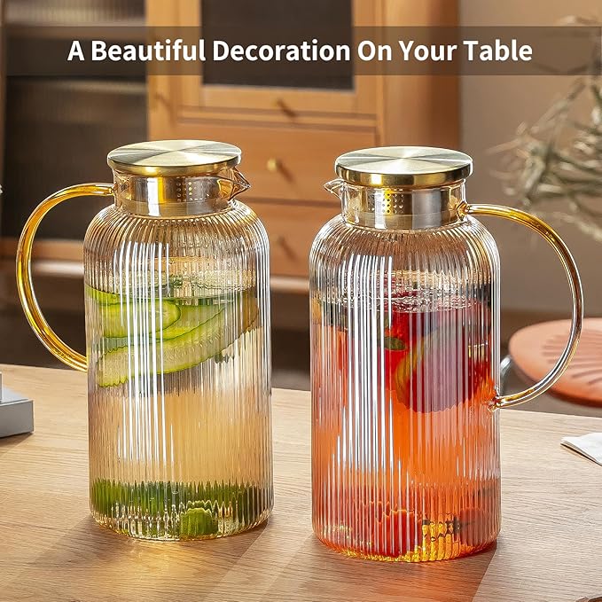 Buaic Glass Pitcher with Lid, 68 oz/ 2 Liter Amber Classic Vertical Stripes Water Pitcher,Glass Water Carafe for Cold Brew, Coffee, Lemonade, Iced Tea,Beverage, Heat Resistant Water Glass Jug