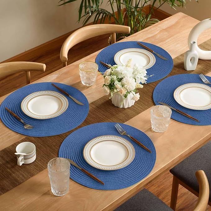 FunWheat Round Braided Placemats Set of 6 Place mats for Dining Tables Woven Heat Resistant Table Mats 15 inch (Blue,6pcs)
