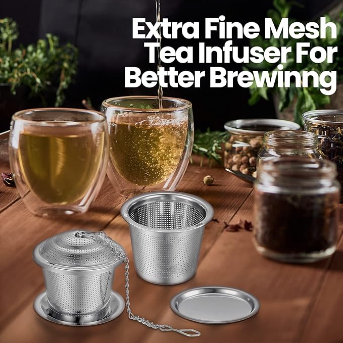 Zopeal 9 Pcs Tea Infuser Stainless Steel Strainer with Extended Chain Hook and Saucer Loose Leaf Steeper Fine Mesh Ball Tea Filter for Brew Spices Seasonings Fits Cup Mug Bottle (Medium)