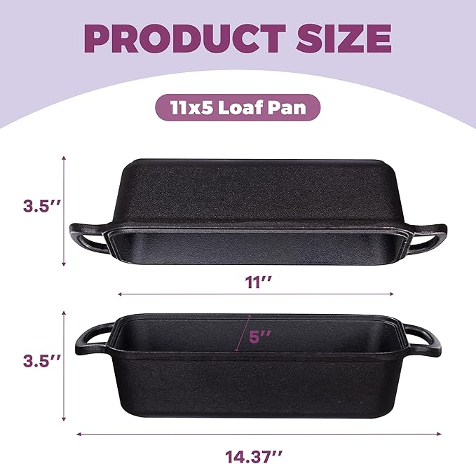 11x5 Inch Cast Iron Loaf Pan with Lid, Large Dutch Oven Bread Loaf Pan for Sourdough, Homemade Bread Baking, Even Heat Distribution, 5.8Qt