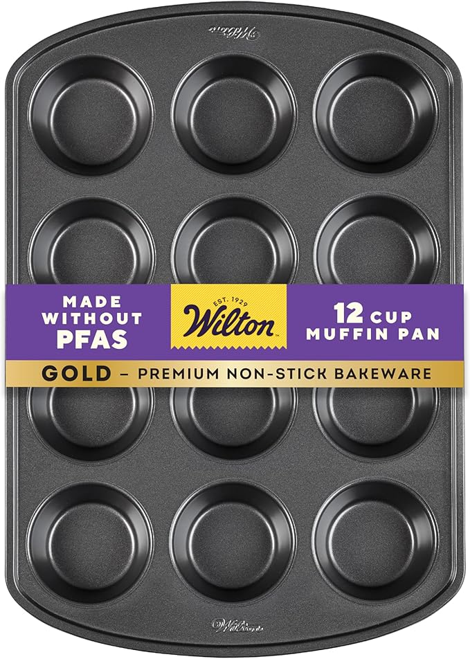Wilton Gold Non-Stick Bakeware Muffin Pan - Baking Pan for Muffins & Cupcakes - Made Without PFAS, Dent Resistant & Dishwasher Friendly - Offers Even Heat Distribution - 10.5 x 15 x 2 Inches, 12 Cup