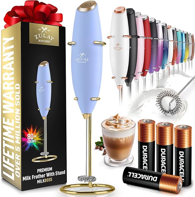Zulay Kitchen Powerful Milk Frother Wand With 4 AA Duracell Batteries - Ultra Fast Handheld Drink Mixer - Electric Whisk Foam Maker for Coffee, Lattes, Cappuccino, Matcha & Creamer - Blue & Gold