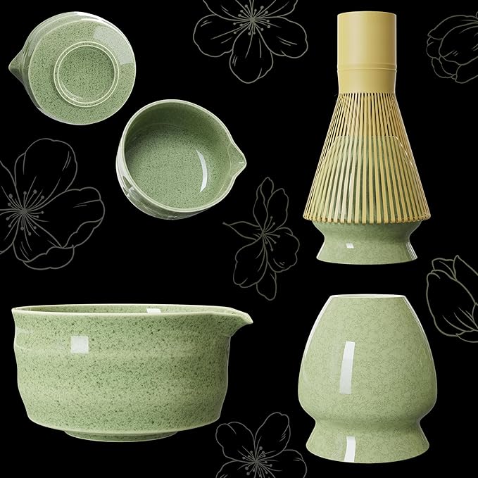 8-Piece Matcha Whisk Set – Ceramic Bowl & Bamboo Tools, Complete Japanese Matcha Tea Ceremony Kit, Green Speckled Chawan with Spout, Matcha Starter Set for Home Rituals & Gifts
