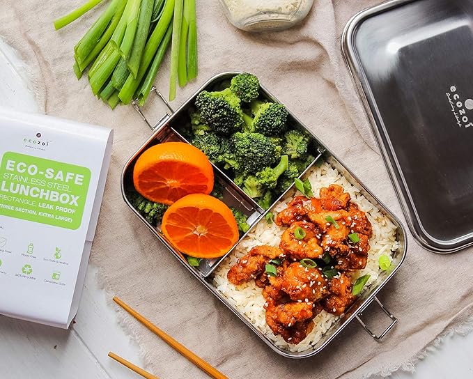 ecozoi Stainless Steel Lunch Box, Leak Proof 3 Compartment, Medium | Redesigned Silicone Seal | Sustainable Zero Waste Eco Friendly Bento Box Food Storage Container