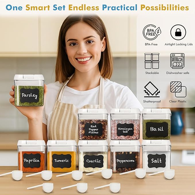 Shazo 9 PC Airtight Food Storage Containers - BPA Free Clear Plastic Snack & Spice Containers with Easy Lock Lids - Kitchen and Pantry Organization for Herbs, Coffee, Tea - 0.5L / 2.1 Cups
