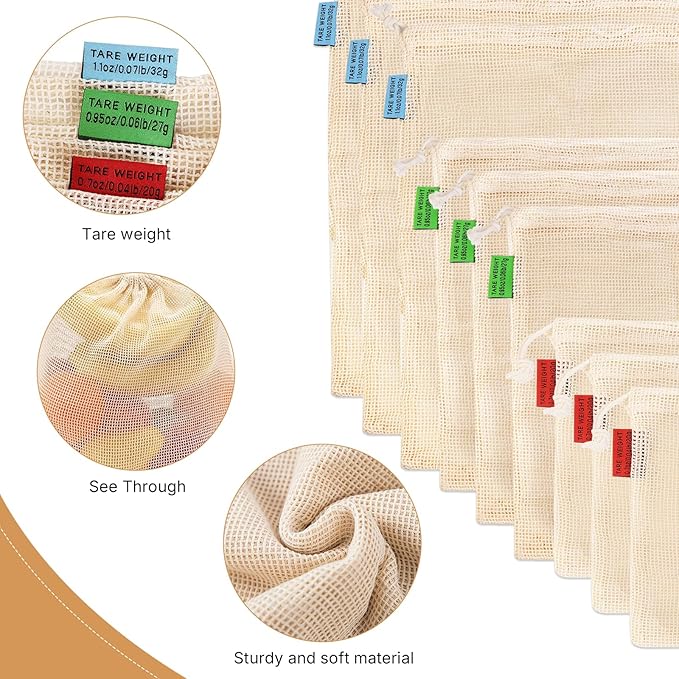 Ycsst 12 Pack Reusable Cotton Mesh Produce Bags - 100% Organic Cotton - Produce Bag - Double-Stitched - With Drawstring Produce Bag For Vegetables,Fruit & Grocery Shopping,4xS, 4xM, 4xL.