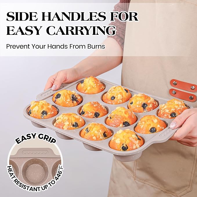 2 Pcs Silicone Muffin Pans for Baking with Metal Reinforced Frame, Nonstick Cupcake Tray for Oven, 12 Cups Regular Size Silicone Molds for Egg Bites, Dishwasher Safe (Brown, Cream)