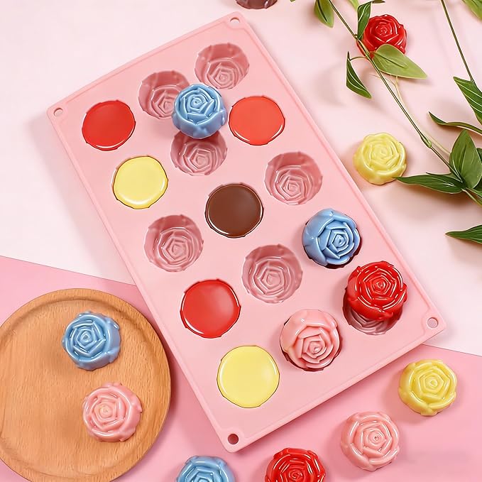 2 Pcs 15-Cavity Rose Flower Silicone Mold Non-Stick Fondant Molds for Cake Decorating Sugarcraft Candy Chocolate Ice Cube Resin Clay Kitchen Baking Tools