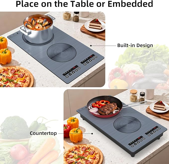 VBGK induction cooktop,110V 2300W double burner hot plate with LED touch control, 9 Power Levels, Kids Lock & Timer, Overheat Protection,2 burner induction cooktop