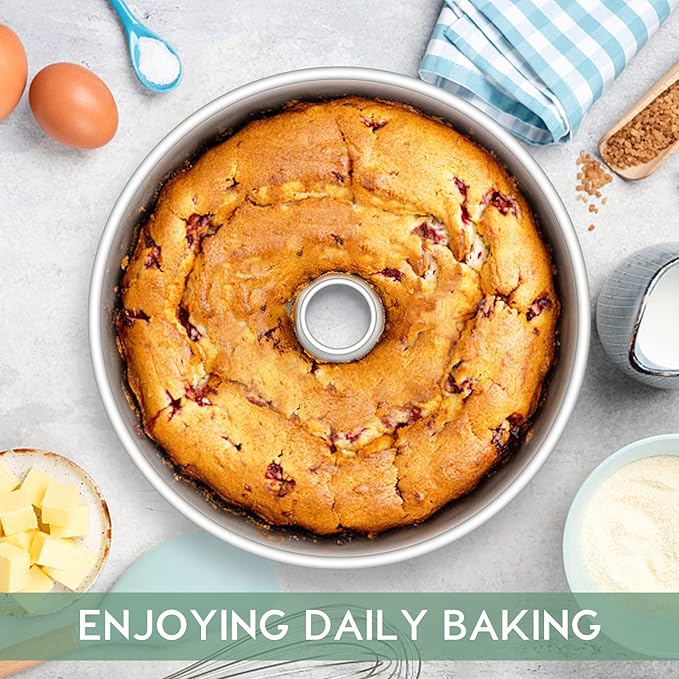 TeamFar 10inch Angel Food Cake Pan, Stainless Steel Pound Cake Pan with Tube, for Home/Kitchen Baking, Healthy & Non-toxic, Durable & One-Piece, Mirror Finish & Dishwasher Safe, Set of 2