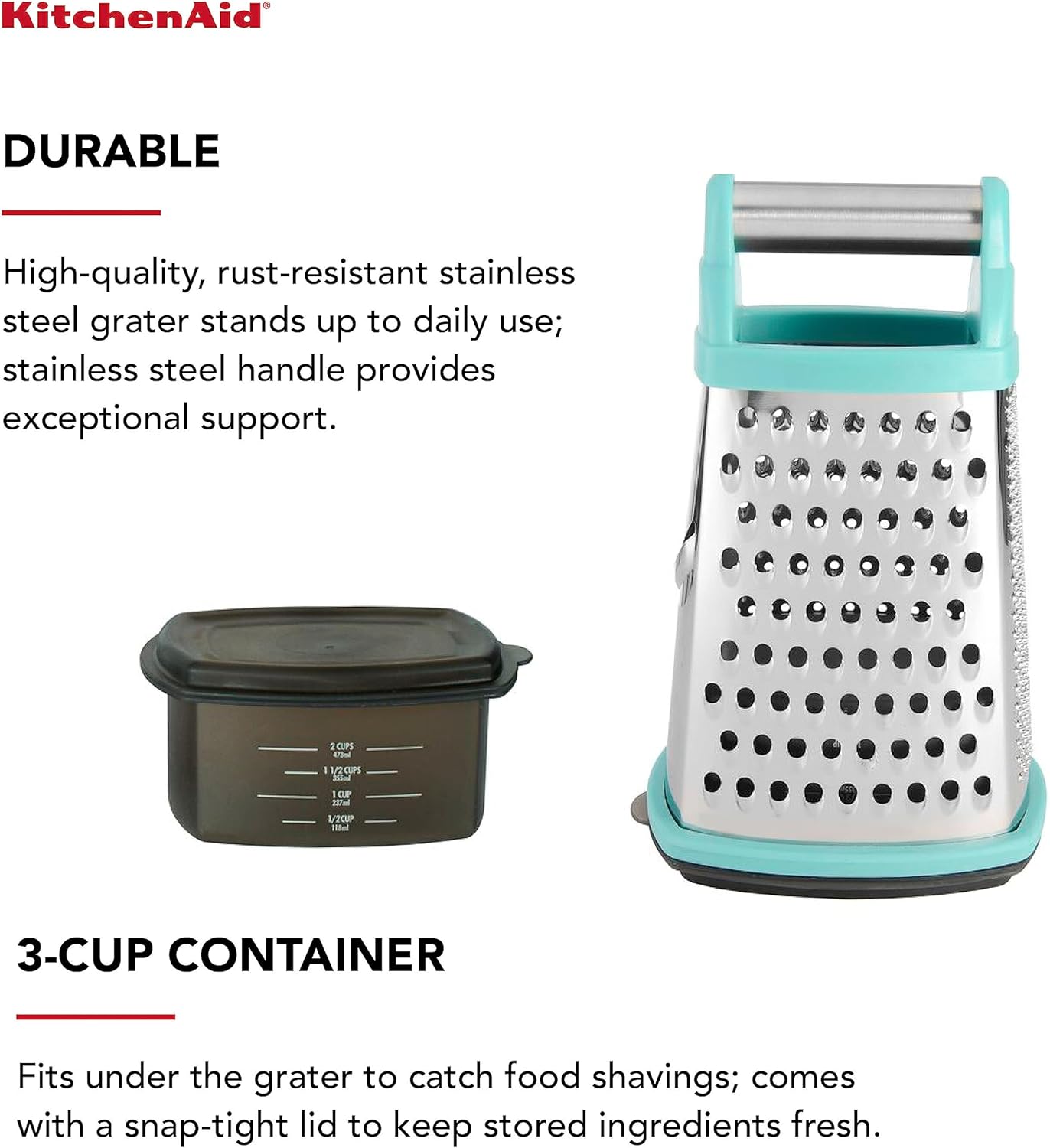 KitchenAid Gourmet 4-Sided Stainless Steel Box Grater for Fine, Medium and Coarse Grate, and Slicing, Detachable 3 Cup Storage Container and Measurment Markings, Dishwasher Safe, 10 inches tall, Aqua