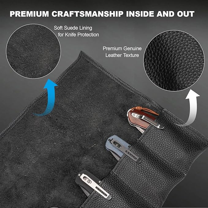 Real Leather Pocket Knife Roll with 6 Slots – Folding Knife Display Bag, Tactical Outdoor EDC Storage Protector, Compact Mini Case for Knives