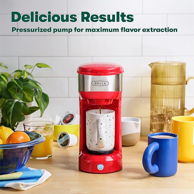 BELLA Dual Brew Single Serve Coffee Maker, Brews both Kcup and Ground Coffee, Large 14oz Capacity, Easy One Touch, Auto Shutoff, Red