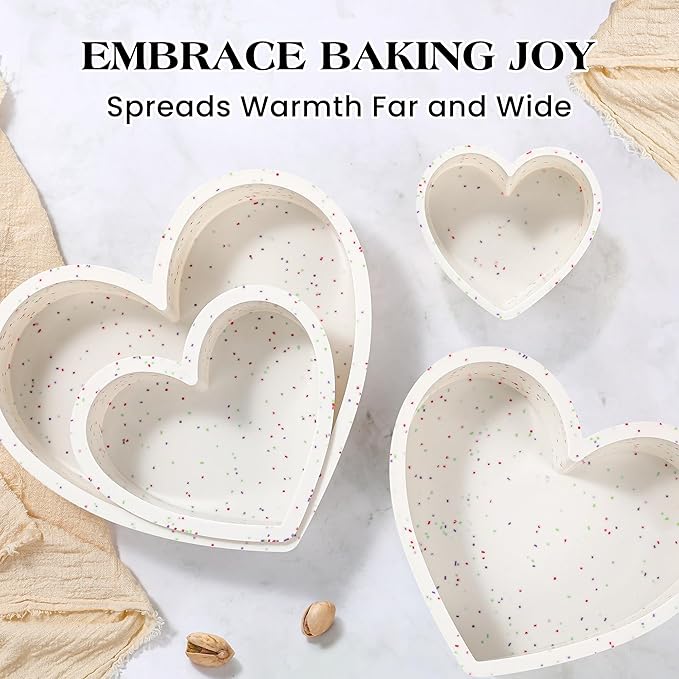 8 Inch Heart Shaped Cake Pans Large Heart Cake Pan Nonstick Silicone Molds for Baking Set of 3 (Cream)