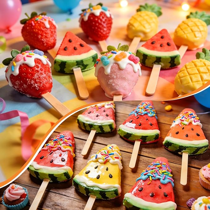 Juome Cake Pop Mold Kit, 6 Cavities Fruit Shape Cakesicle Molds Silicone with 100 Wooden Sticks&100 Packaging Bags with Ties, Cake Pop Maker Supplies Accessories, Baking Tools for Home Baking Desserts