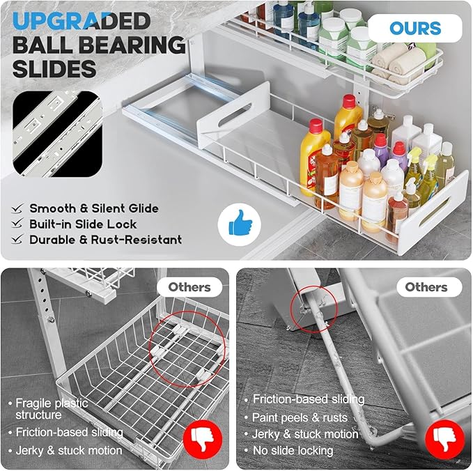 Under Sink Organizer Upgrade To Professional Rails,2-Tier Dual Pull Out Cabinet Storage,Height Adjustable Slide Out Drawers For Bathroom Kitchen,1 Pack-21"Dx12.8"-16.9"H,White