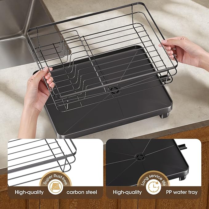 Runnatal Dish Drying Rack, Stainless Steel Dish Rack with Drainboard for Kitchen Counter and Sink, Large Capacity Dish Drainer, Detachable 2-in-1 Utensil Holder, Cup Holder, Black