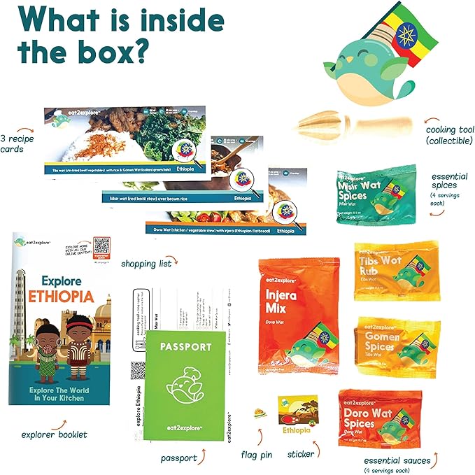 eat2explore Cooking Kits for Kids 14 Pcs – Interactive & Educational Kids Cooking Sets Real for Ages 5 and Up,3 Recipe Cards & Global Ingredients – Perfect for Families and Homeschooling (Ethiopia)