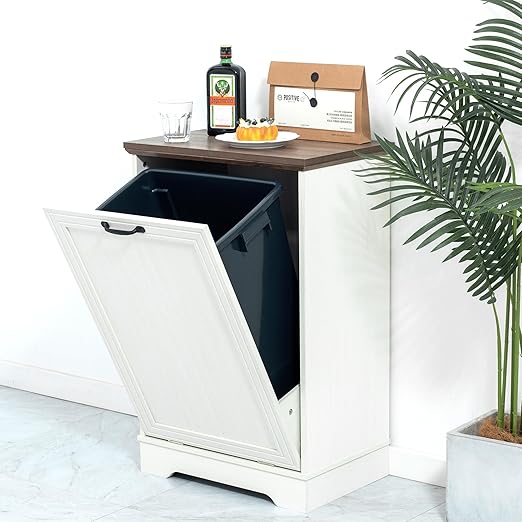 13 Gallons Tilt Out Trash Cabinet, Hidden Trash Can Cabinet Wooden Tilt Out Pet Proof Hidden Trash Bin Cabinet for Kitchen Living Room (White)