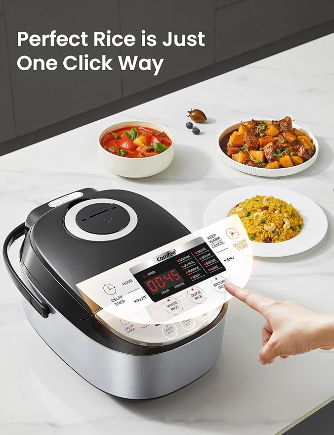 COMFEE' Rice Cooker 12 Cups Cooked/6 Cups Uncooked, Portable Non-Stick Rice Maker, Japanese Rice Cooker with Fuzzy Logic Technology, 24-Hour Timer Delay, 11 Presets, Steamer, Fast Cooker, Grain Cooker, Black