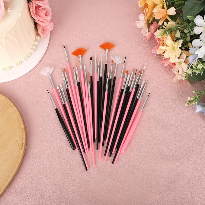 30pcs Cake Decorating Brushes, Food Safe Paint Brushes Kit Baking Cookie Candy Painting Tool Dessert Decorating Accessories for Kitchen Cake Pastry Fondant Shop Bakery Party Supplies (Pink & Black)