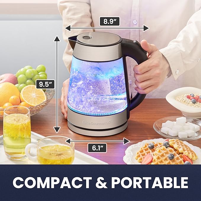 Elite Gourmet EKT-602 Electric BPA-Free Glass Kettle, Cordless 360° Base, Stylish Blue LED Interior, Handy Auto Shut-Off Function – Quickly Boil Water For Tea & More