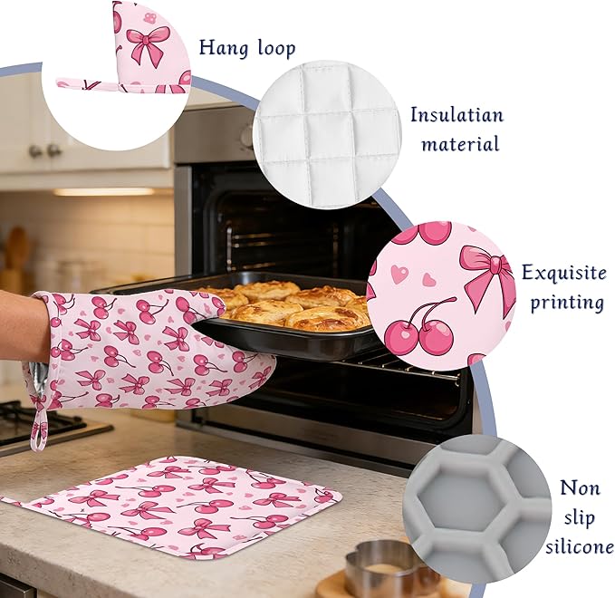 Cute Bows Cherry Oven Mitts and Pot Holders Sets of 4 Pink Love Heart Heat Resistant Silicone Oven Mits Gloves Non-Slip Kitchen Mittens Potholders for Cooking Baking Grilling BBQ